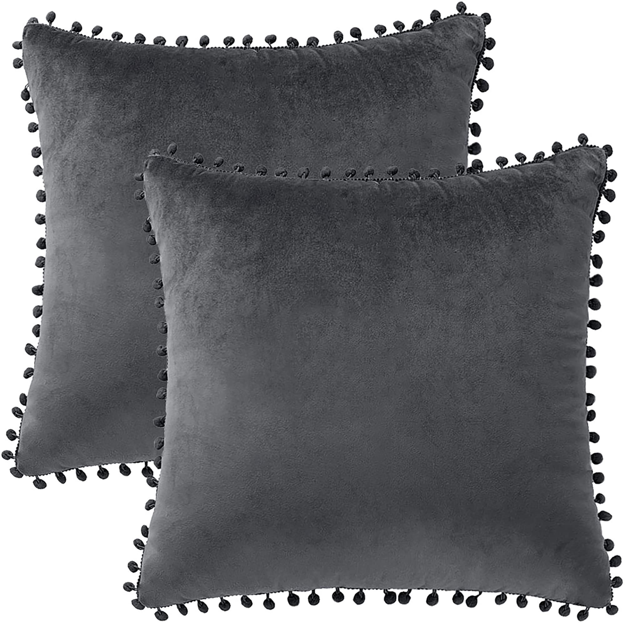 PiccoCasa Velvet Pillow Covers, 2 Pom Pom Throw Pillow Cover, Square Solid Soft Cushion Covers for Sofa Couch Bedroom Car Dark Gray 50 X50cm