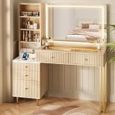 DAMCROP 44&rdquo; Fluted Vanity Desk with 32&rdquo; Lighted Mirror &amp; Power Outlet, Makeup Vanity with Glass Top, 3 Adjustable Light Colors, Curved Design, 5 Drawers, Modern Dressing Table Set for Bedroom (Oak)
