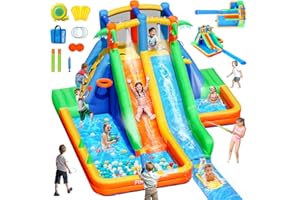 FINCOME Bouncy Castles for Kids, Bounce House with Extend Long Splash Water Slide for Kids Outdoor, Inflatable Water Park wit