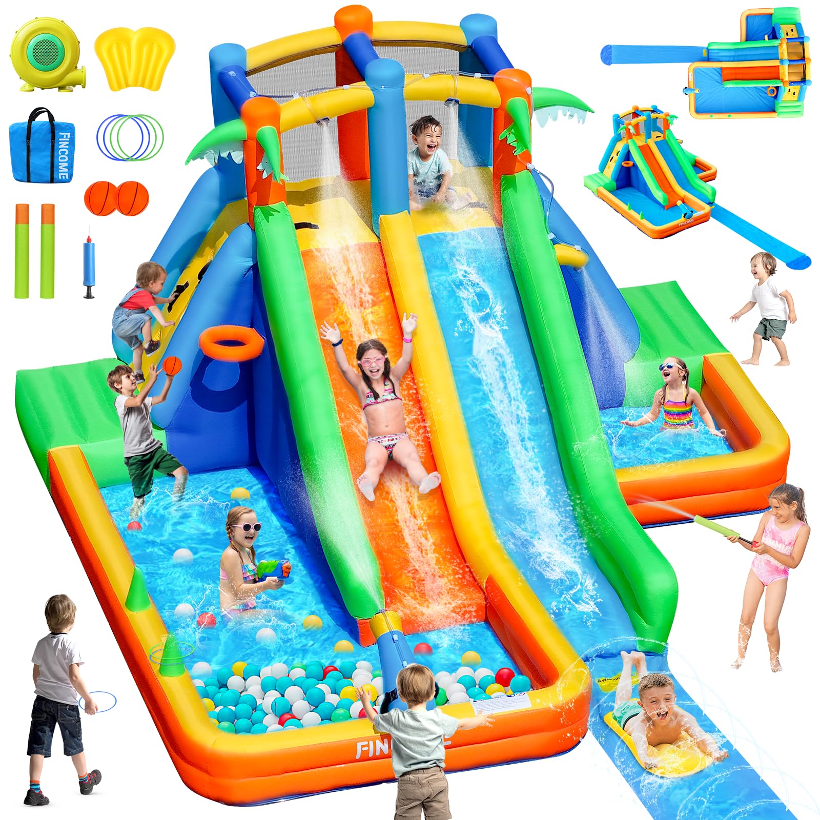 Photo 1 of ***MISSING BLOWER***FINCOME Inflatable Water Slide Bounce House with Extend Long Splash Waterslide for Kids Backyard, Blow Up Bouncy Castle Park with 2 Water Pool, Basketball Hoop, Water Cannon for Indoor, Outdoor, Party