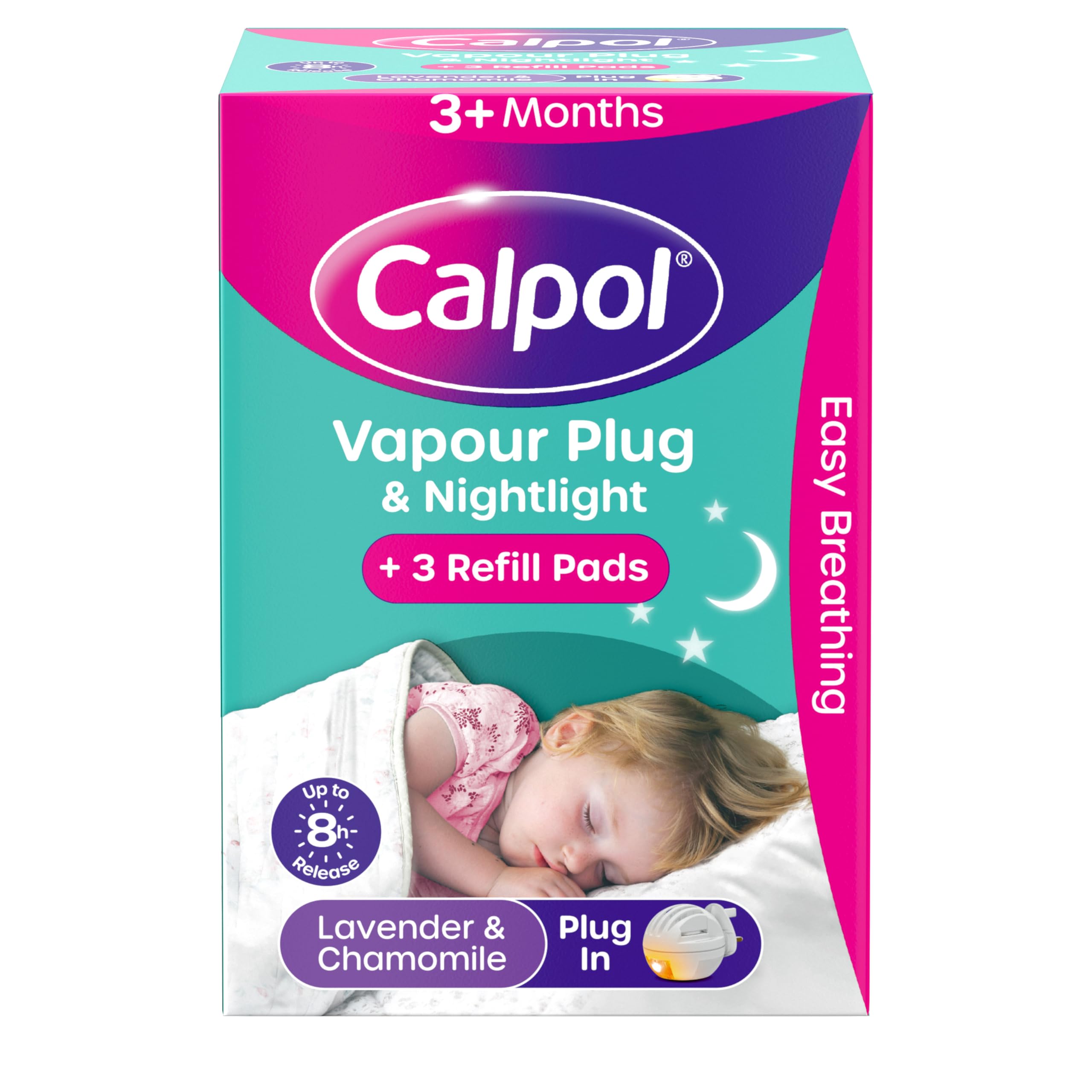 Calpol Vapour Plug and Nightlight for 3+ Months Infants (1 Plug & 3 Refills), Soothing Calpol Lavender & Chamomile Vapour with Soft Orange Nightlight for Easy Breathing for up to 8 Hours