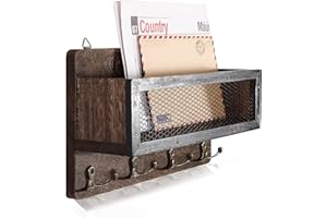 ADIIL Mail and Key Holder for Wall Decorative, Wooden Wall Mount Key Rack Hanger Organizer with 4 Double Key Hooks, Rustic Home Decor for Entryway Hallway, Brown