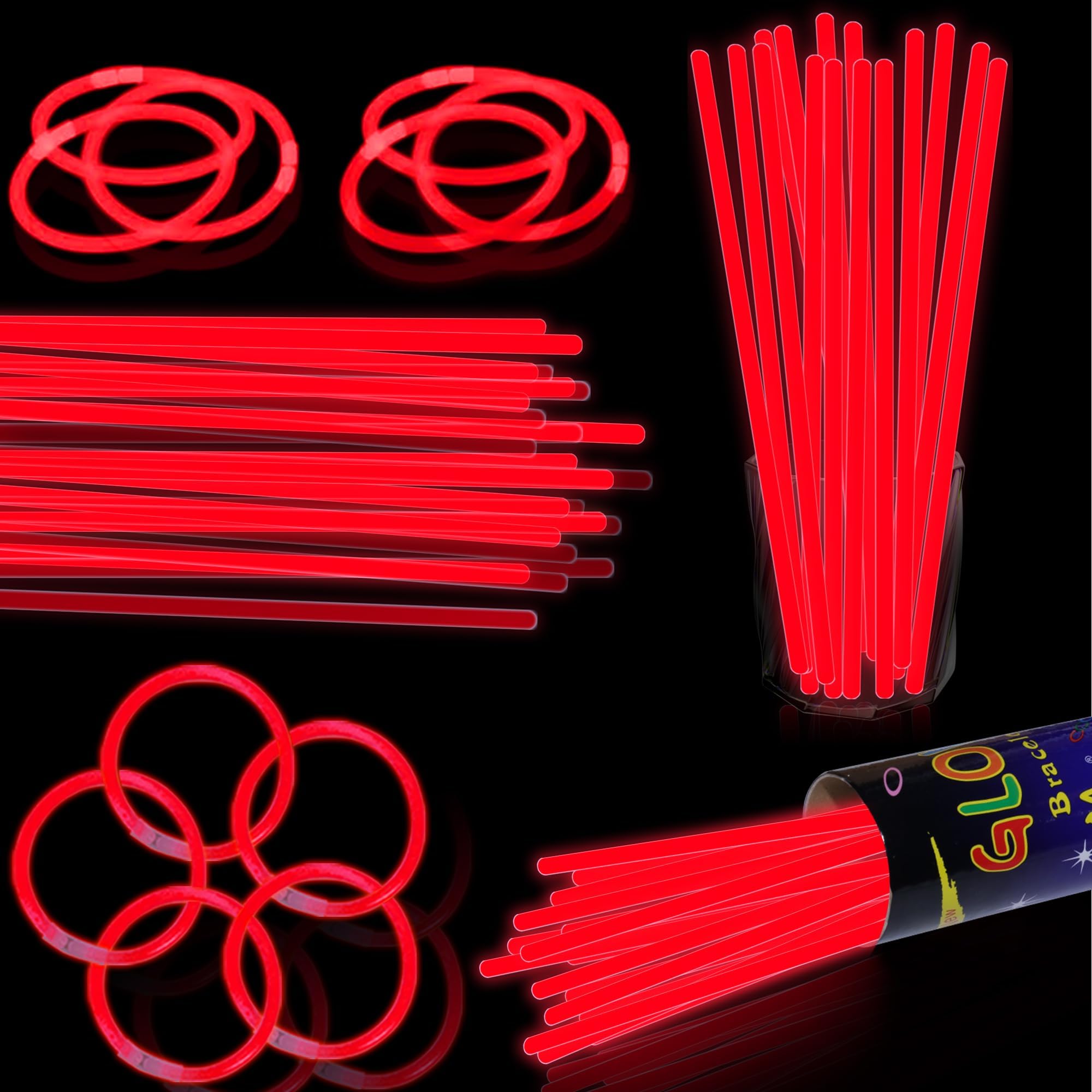 Photo 1 of 100 pk 8" Glow Sticks Bulk Party Favors, Light up Glow Necklaces & Bracelets in the Dark Party Supplies For Christmas Halloween 4th of July Birthday Neon Party (100 * Red)