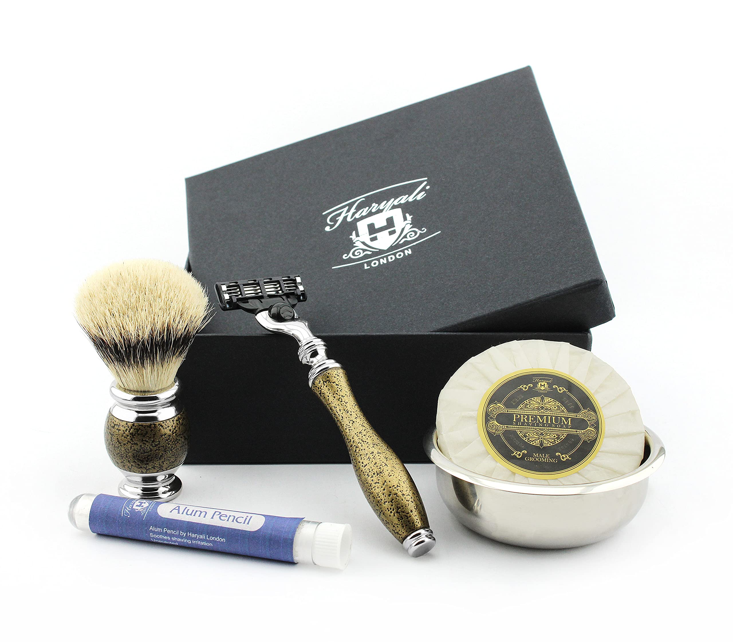Haryali London, 4Pcs Mens Shaving Kit with 3 Edge Razor, Black Badger Hair Shaving Brush, Shaving Bowl and Soap, Mens Grooming Accessories for Classic Shaving