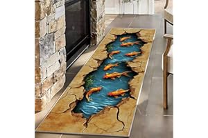 3D Hallway Runner Rugs,3.3x7ft Optical Illusion Brown Dry Floor Stream Golden Koi Fish School Boy Room Playroom Long Carpet, 