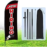 Buryeah Now Hiring Feather Flag Set Swooper Flag Signs Advertising Feather Now Hiring Banner with Poles and Ground Spike for Business Promotion, 7 x 5.4 ft (Black)