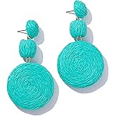 Statement Raffia Boho Round Dangle Ball Earrings - Cute Handmade Summer Bohemian Dangling Jewelry for Women