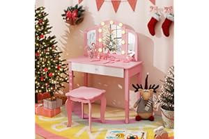 HONEY JOY Kids Vanity with Lights, Wooden Princess Makeup Dressing Desk with Tri-Folding Mirror, Drawer, Pretend Play Toddler Vanity Table and Chair Set with Lighted Mirror for Little Girls (Pink)