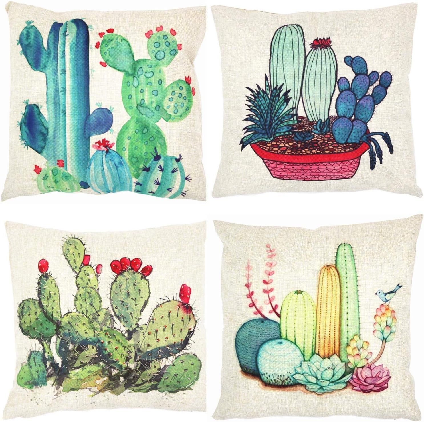 LYNKO Cushion Covers 45 x 45cm,Set of 4 Linen Pillow Covers Summer Decorations Green Plants Cactus for Sofa, Outdoor Garden, Bed, Couch, Car(18"x18")