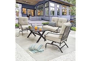 PatioFestival Patio Conversation Set Metal Outdoor Furniture Sets All Weather Cushioned Loveseat & 2 Rocking Chairs & 1 Coffee Table for Poolside Lawn Yard 4pcs