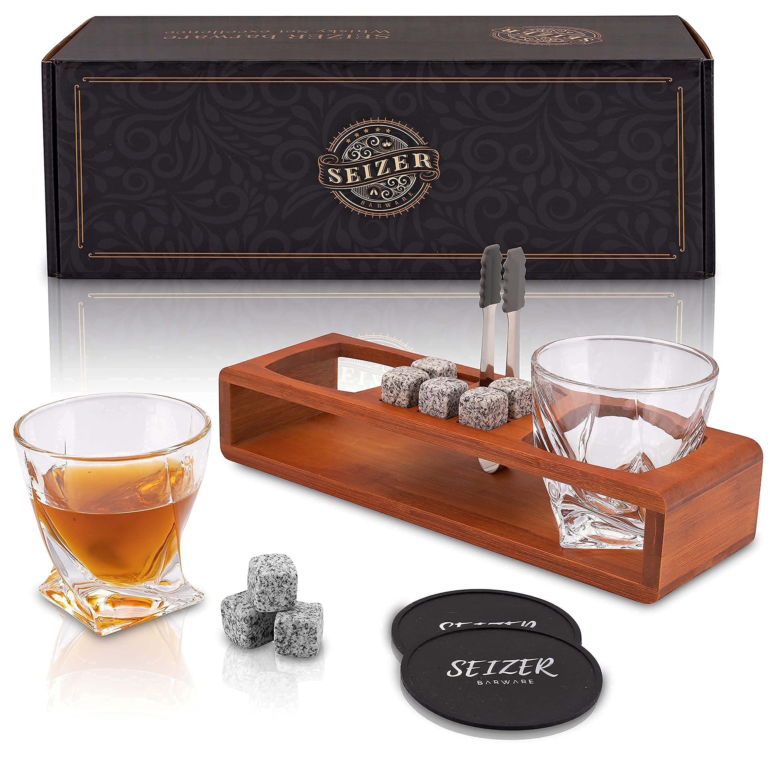 SEIZER Whisky Glasses Set & Whisky Stones Set / 2 Whisky Glasses 8 Whisky Stones in Wooden Frame + Gift Box / Gifts for Men / Whisky Gift Set / Gift Idea / Crystal Glasses (Light Brown)
