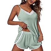 Ekouaer Womens Pajama Sets Soft Lingerie Sleepwear 2 Piece Cami Shorts Set V Neck Pj Lace Nightwear