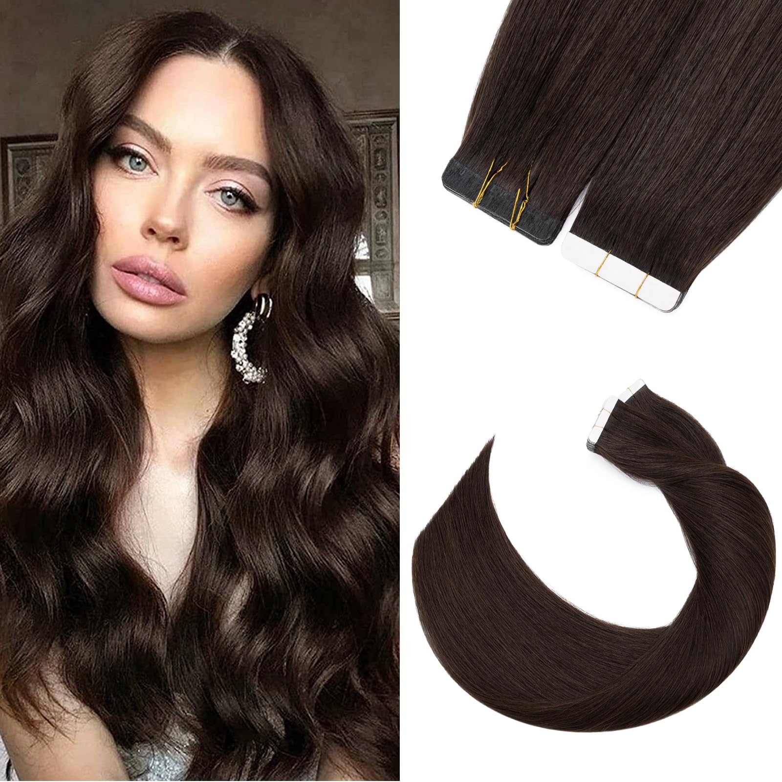 20 Pcs Tape in Hair Extensions Remy Hair Extension 16in #02 Dark Brown Skin Weft Silky Straight 30g/Set