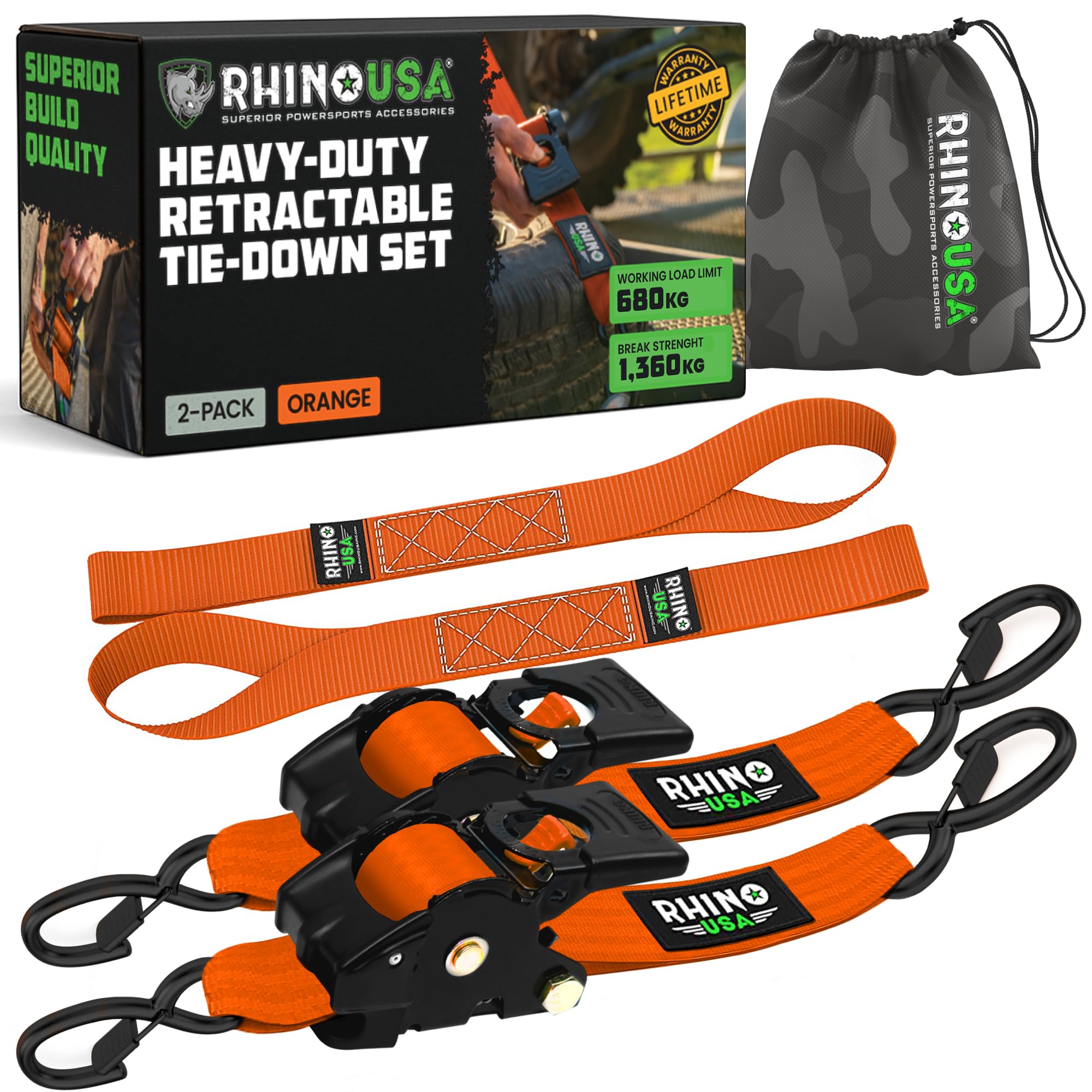 Rhino USA Retractable Ratchet Straps (2-Pack) - 5cm x 3m (1,360kg Break Strength) - Heavy Duty Auto Self-Retracting Tie Down Straps for Truck, Cargo Trailer, Motorcycle, Bike & More - Orange