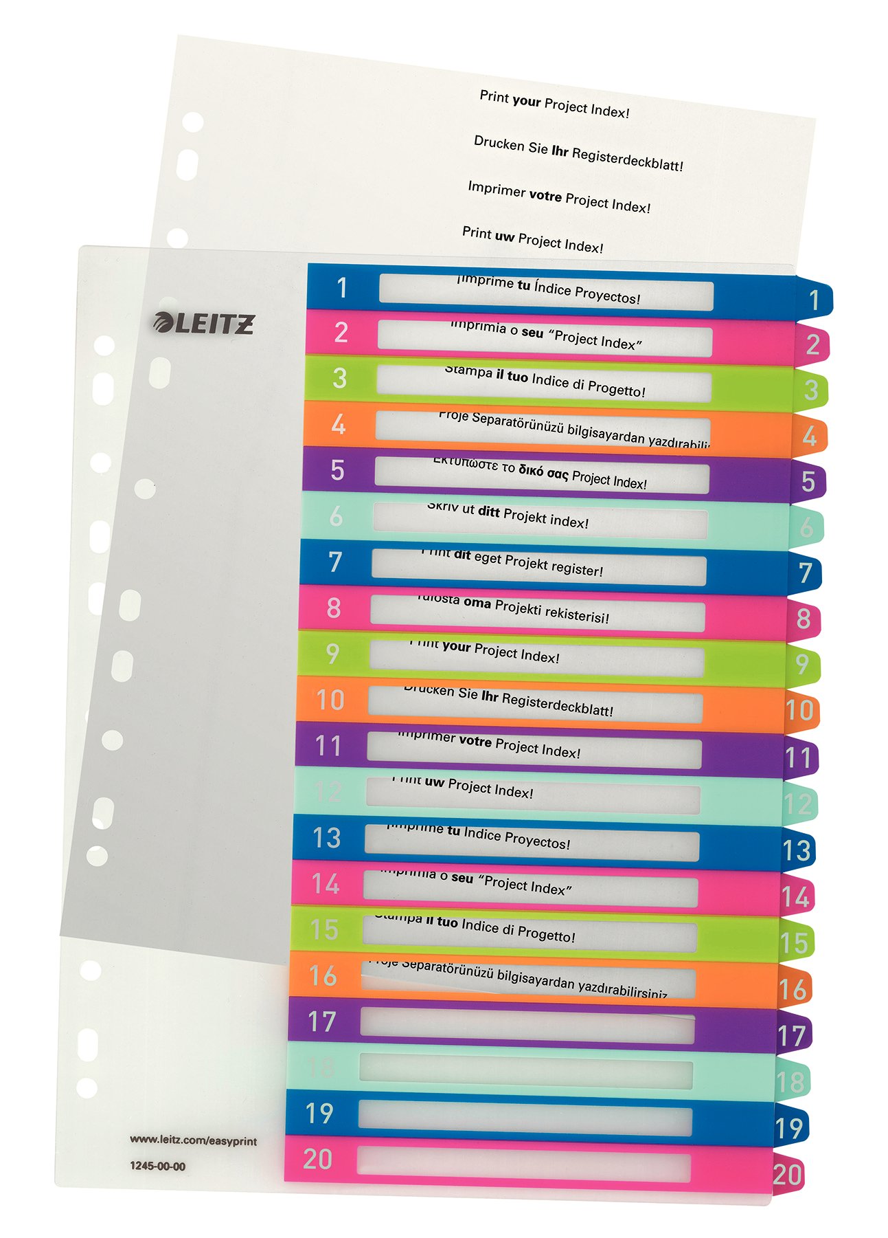 Leitz 1-20 Index, A4, PC Printable, Heavy Duty Plastic, Extra Wide, White/Multi-Coloured, WOW Range, 12450000