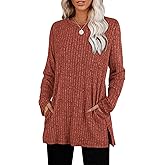 SAMPEEL Womens Sweaters Crewneck Long Sleeve Shirts with Pockets Fall Outfits 2025 Fashion Winter Clothing Side Slit