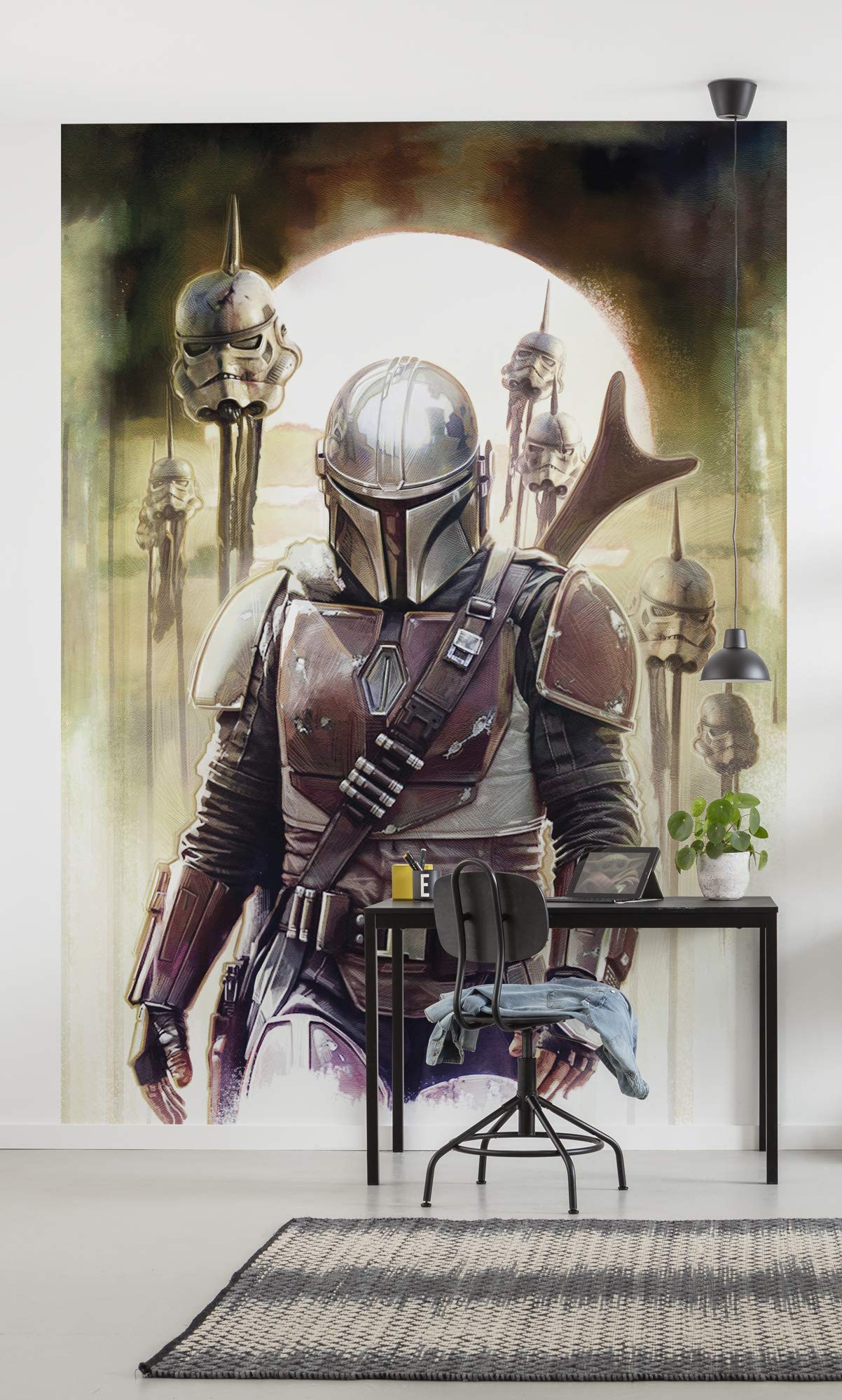 Komar DX4-085 Vlies Fototapete-Star Wars The Mandalorian Big Impaler-Größe: 200 x 280 cm, 4 Bahnen, Bahnbreite 50 cm-Tapete, Baby Yoda, The Child, Mando Photographic Wallpaper, Brown, Black, White