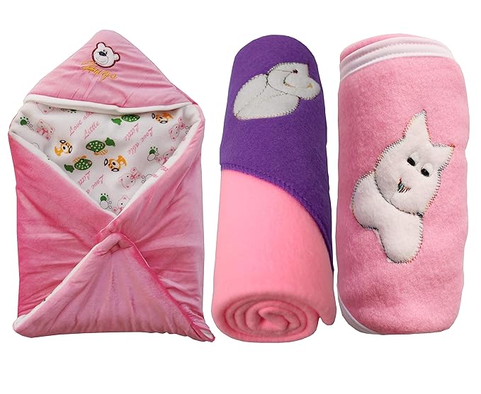 My NewBorn Baby Fleece Hooded Blanket (Pink, 0-3 Months) - Pack of 3