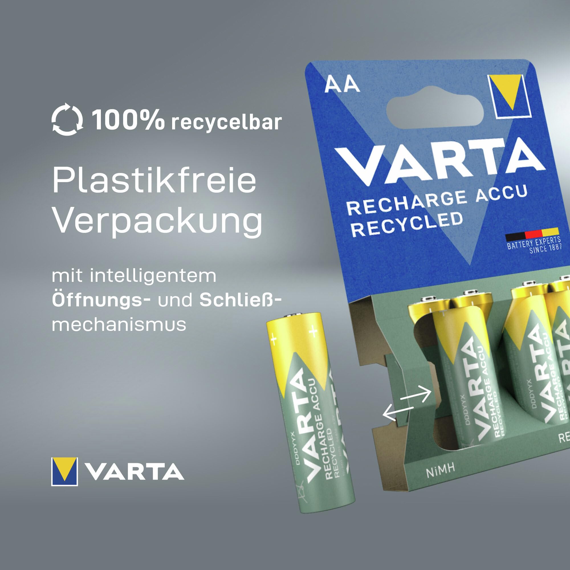 VARTA Batterien AAA, wiederaufladbar, 4 Stück, Recharge Accu Recycled, 800 mAh Ni-MH Akku, aus 25 % recyceltem Material, vorgeladen, sofort einsatzbereit 3