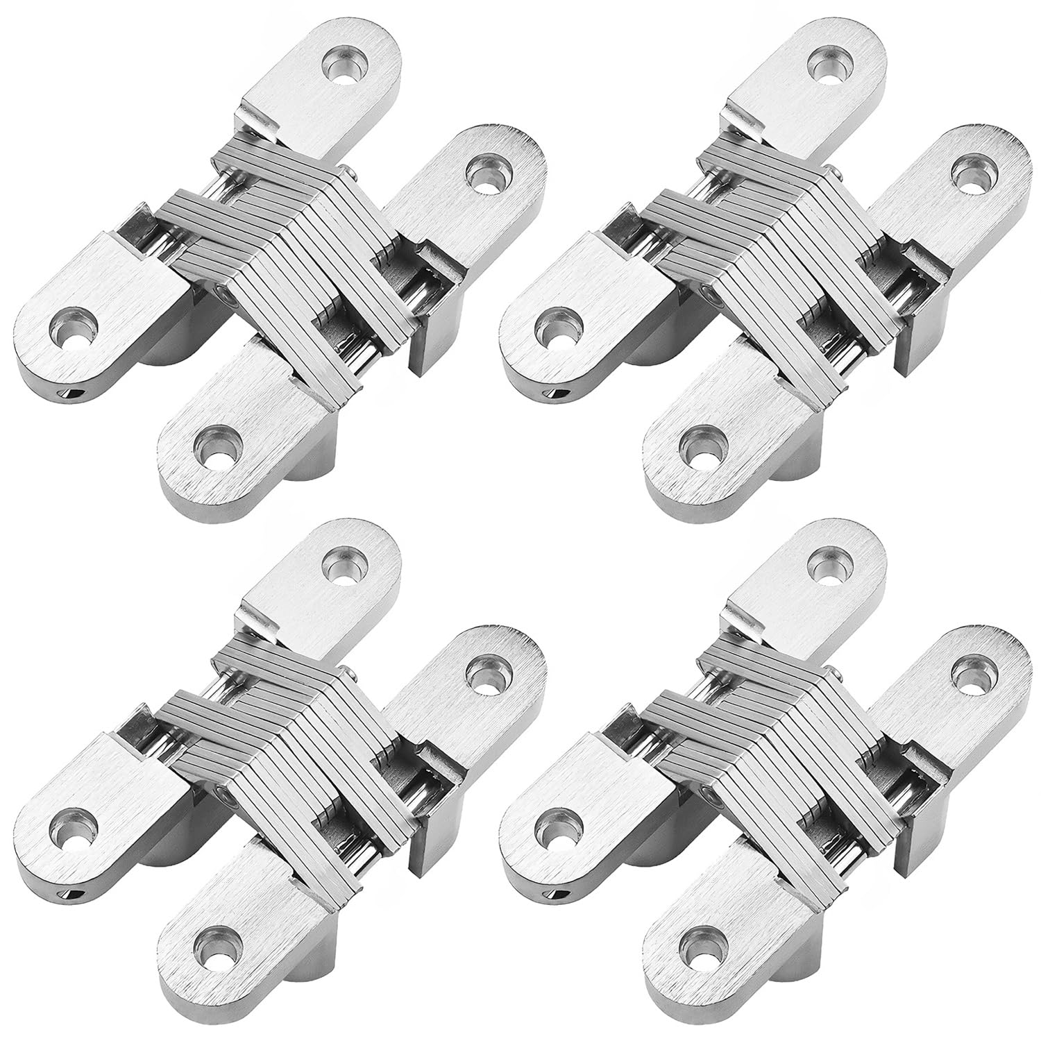 QWORK® 4 Pack Cross Hinge, Zinc Alloy Invisible Hinges with Satin Finish for Folding Door, 3-3/4" Leaf Height, 3/4" Leaf Width, 1" Leaf Thickness, Including Screws,Load Bearing: 40KG