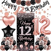 TSVATE 12th Birthday Decorations for Girls, Rose Gold Happy 12th Birthday Decorations, Happy 12th Birthday Banner, 12th Birthday Backdrop Yard Door Wall, 12th Birthday Balloons, Pompoms, Star Streamer