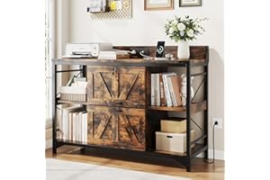 VIVIDWOOD 44" File Cabinet, Lateral Filing Cabinet for Home Office with 2 Drawers, Office Storage Cabinet with Lock and Key, Wooden Printer Stand with 4 Storage Shelves, Power Outlets, Bookshelf, Rustic Brown