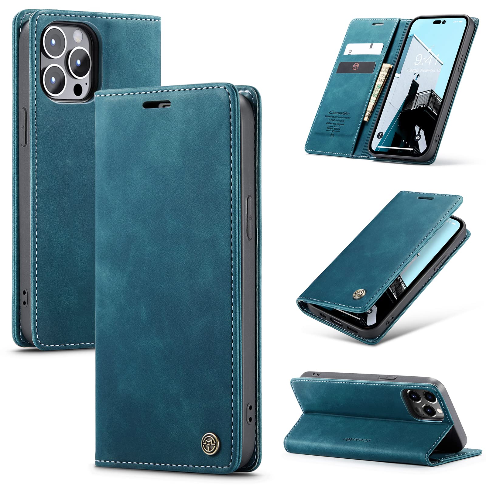 Cracedily for iPhone 14 Pro Case, Wallet Case Flip Leather with Card Holder Magnetic Closure Shockproof Kickstand Protective Phone Cases Cover for iPhone 14 Pro, Blue-Green