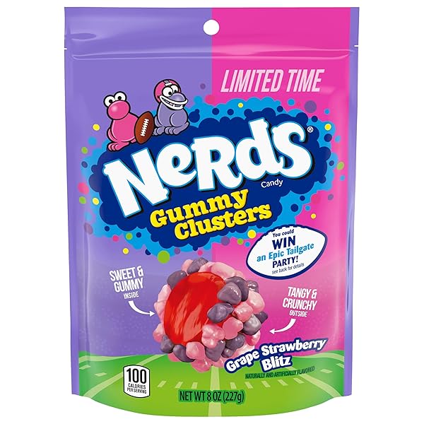 NERDS GUMMY CLUSTERS CANDY, GRAPE STRAWBERRY BLITZ, CRUNCHY AND GUMMY, GAME DAY CANDY, FOOTBALL PARTY SUPPLIES, 8 OZ