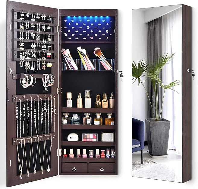LVSOMT LED Schmuckschrank hängend mit Ganzkörperspiegel, abschließbar