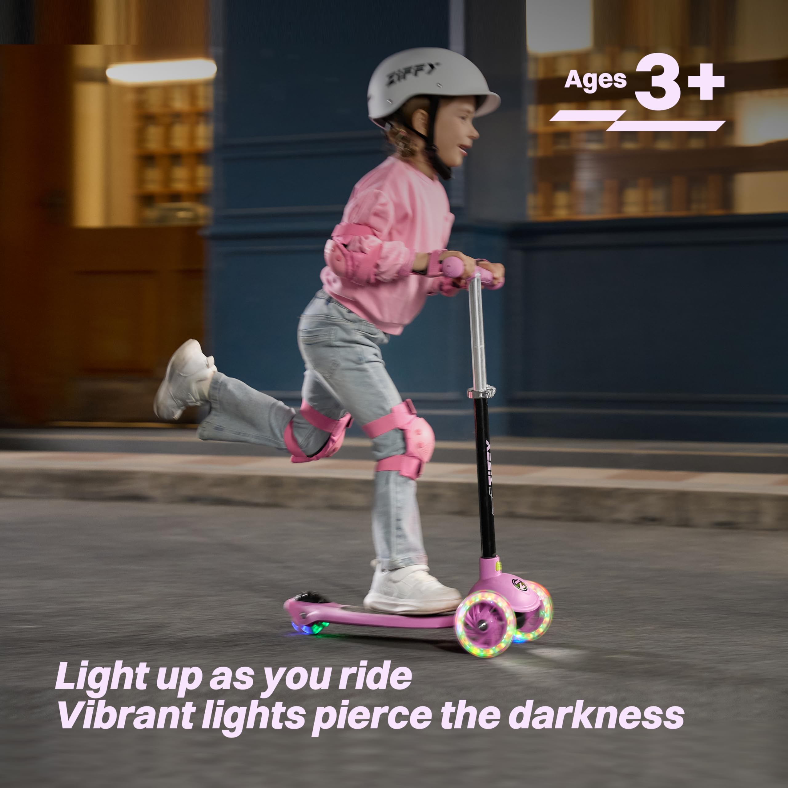ZIFFY 3-Rad-Kinderroller 3–5 Jahre – Blau/Grün/Pink/Violett – LED-Leuchträder, Neigelenkung, Hinterradbremse – Höhenverstellbarer Lenker 44–61 cm – 1,8 kg, schnell zerlegbar 2