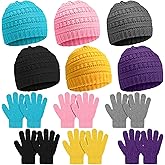 Suhine 12 Pcs Kids Knit Beanies Hats Gloves Winter Set for 5-10 Unisex Warm Cold Weather Full Fingers Gloves for Boys Girls
