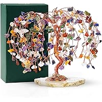 KARMAPLEDGE Handcrafted Chakra Crystal Tree (Slice Base Copper Wire), Healing Chakra Tree with Tumbled Gemstones, Natural 7 C