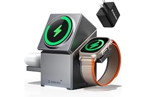 ZEEHOO 3 in 1 Charging Station for Apple, iPhone Mag-Safe Charger, Qi2 Certified, Rotating Wireless Charger Stand for iPhone 17 16,15,14,13,12 Series, Apple Watch, AirPods (USB-C Charger Included)
