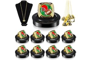 Landical 10 Pack Football Champion Trophy Rings Christmas Party Favor Sport Ball Award with Necklace Display Stand Box, Alloy Trophy Neck Chain Stocking Stuffer Team Tournaments Game Prizes