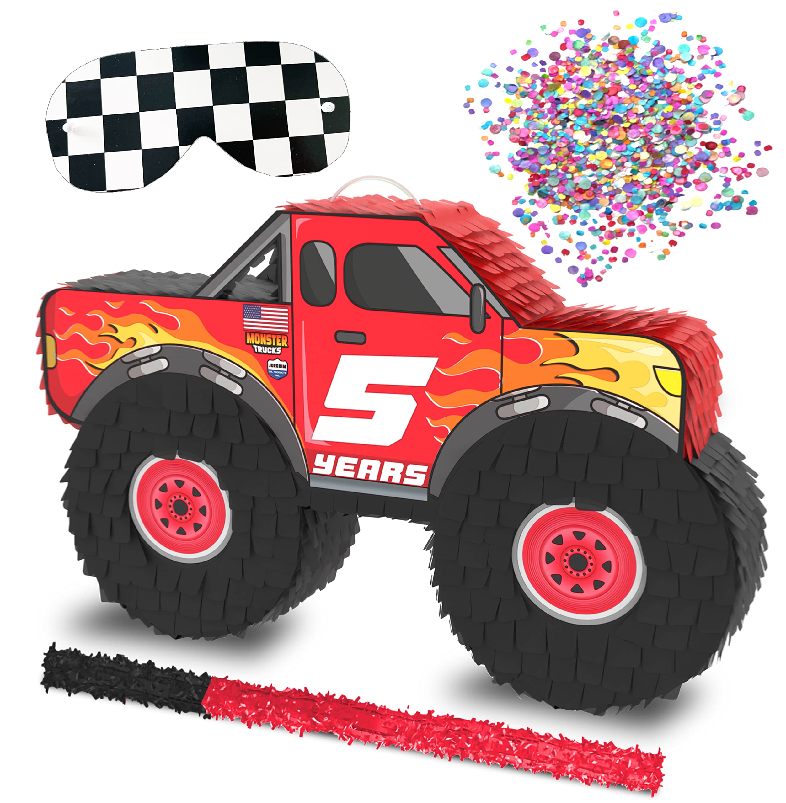 Monster Truck Piñata, 4 Piece Set, perfect for Kids Birthday Parties, Race Car Party Supplies fits piñata candy and party favors (16”X10”) durable! (Red Monster Truck)