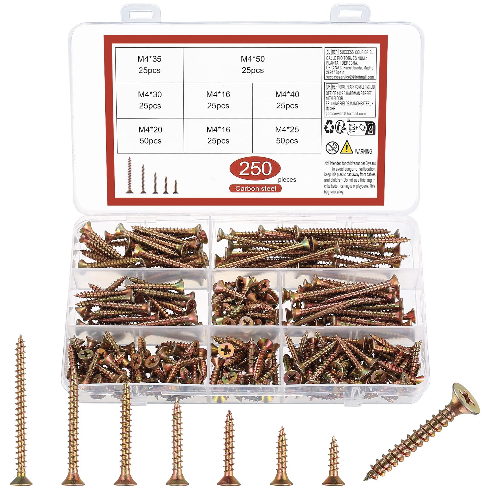 ZWFSDM Self-Tapping Screws - Corrosion Resistant Color Zinc Plated Carbon Steel Screws for Wood/Metal/Plastic - Ideal for Construction,Home Renovation & DIY Projects (M4/250)