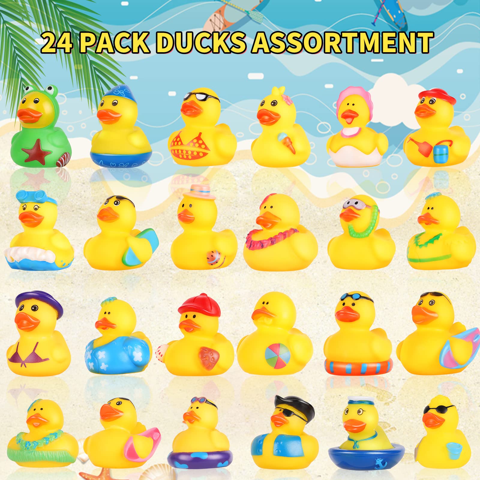Mikulala 24 Pack Summer Rubber Duck Beach Rubber Ducks in Bulk Assorted Rubber Ducks for Duckies Games, Pool Play/Baby Bath Toys Party Favors