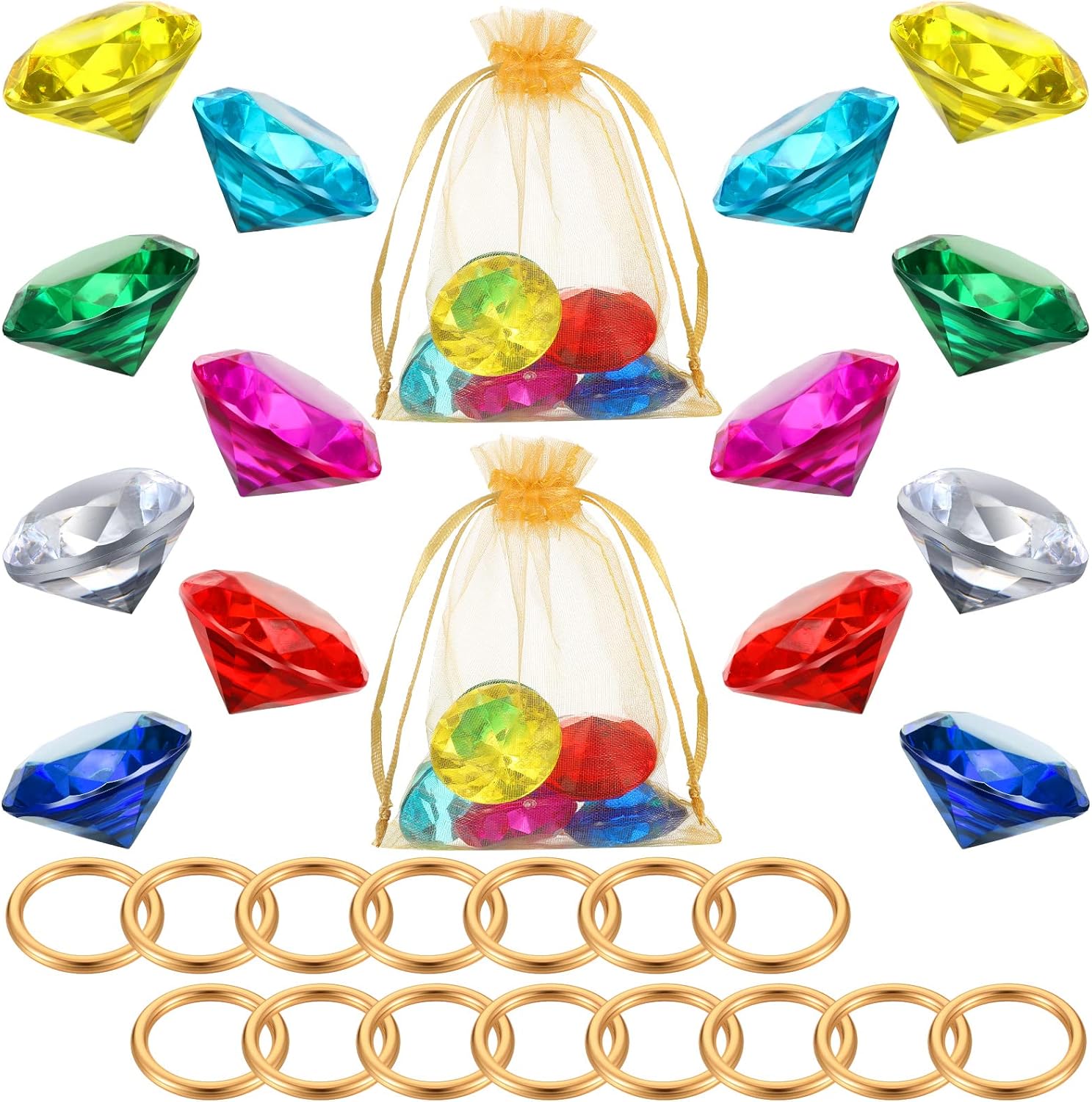 Vase Fillers - 45Pcs Acrylic Diamond Gem Jewelry Alloy Gold Round Ring Set Hedgehog Chaos Emerald Power Ring Halloween Party Favor Pirate Treasure Hunting Cake Decor with Gift Bag