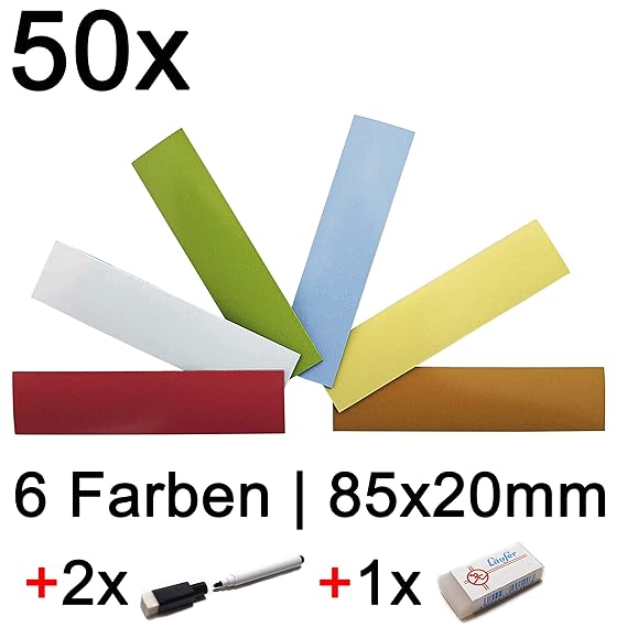 50 beschreibbare Magnetstreifen in 6 Farben | KOMPLETT SET | 8,5 x 2,0cm | magnetische Karten Haftnotizen Magnetband zum besc
