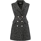 Hobemty Women's Sleeveless Tweed Dress Collared Belted Button Down Work Blazer Dresses