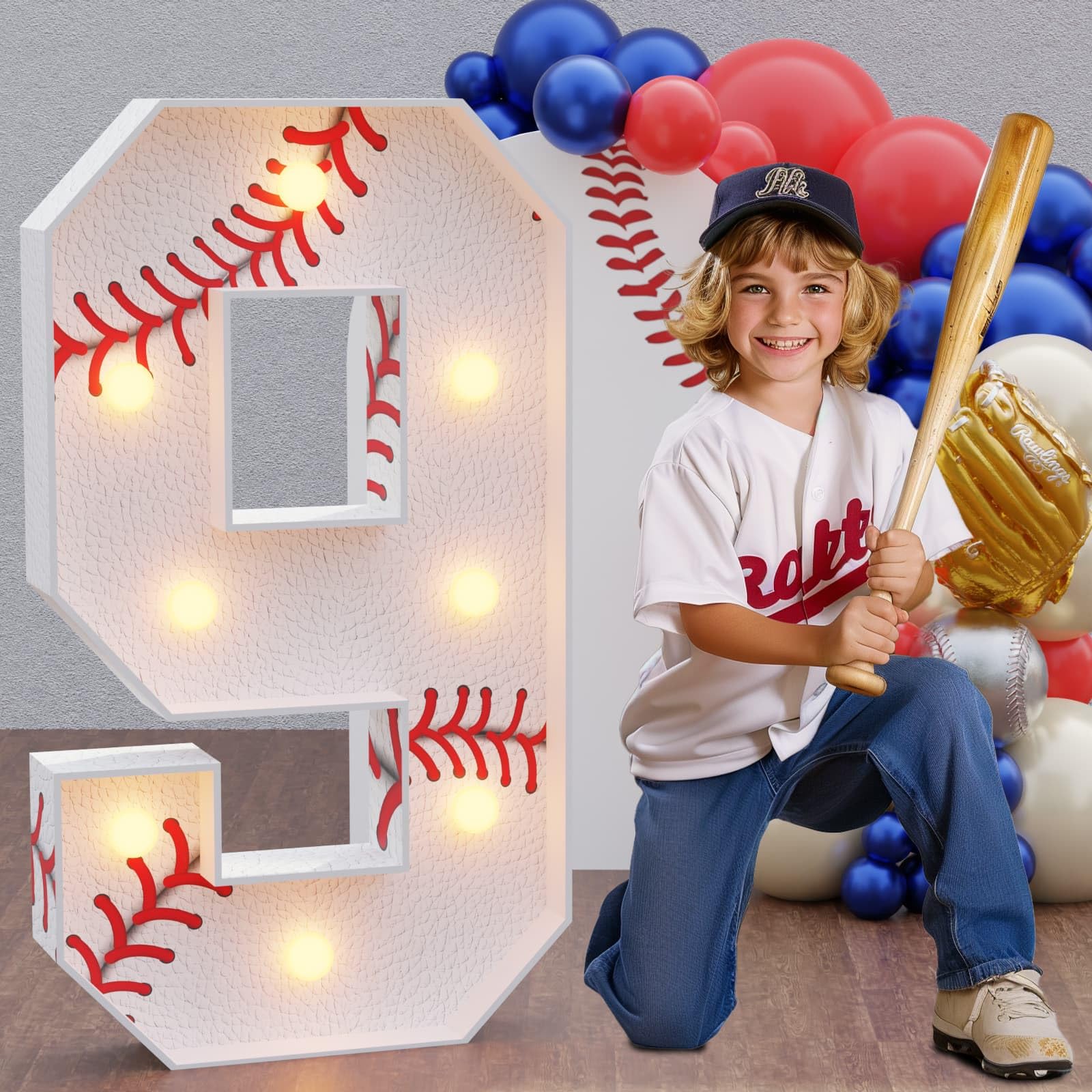 Photo 1 of Marquee Numbers Baseball Birthday Decorations: 3ft Large Party Decor Boy 9th 19th Big Light Up Cardboard Number 9
