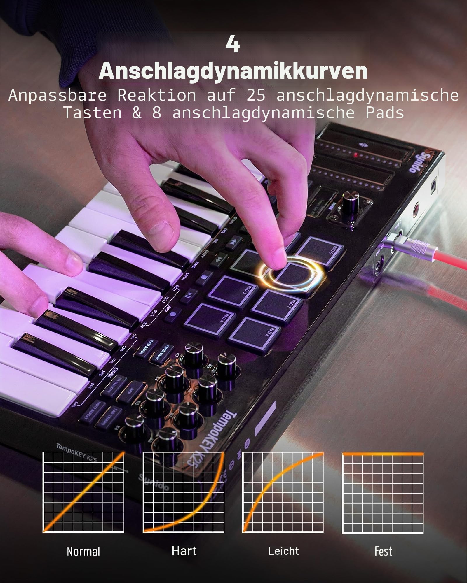 Synido TempoKEY K25 USB C MIDI Keyboard Controller Mit 25 Breiten Tasten, Tiefem Tastenhub Und Anschlagdynamischen Tasten, 8 RGB-Drum-Pads, OLED-Display, Transportsteuerung, Touch Streifen, Arpeggiato 5