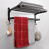 TocTen Towel Rack for Bathroom, Foldable Towel Holder with Double Towel Bars, Wall Mounted SUS304 Stainless Steel Bathroom Tower Shelf, Space-Saving Towel Hanger for Bathroom, Lavatory (Black,16 in)