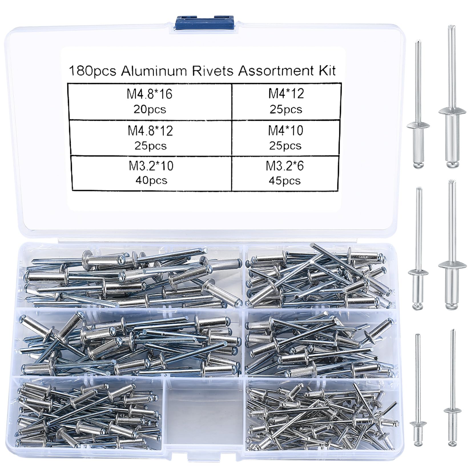 180 Pcs Aluminum Blind Rivets, Pop Rivets Assortment Kit, Flange Blind Rivets with Steel Shaft Mandrel Assortment Kit for Fixing Component Construction Fasteners Furniture- M3.2/M4/M4.8