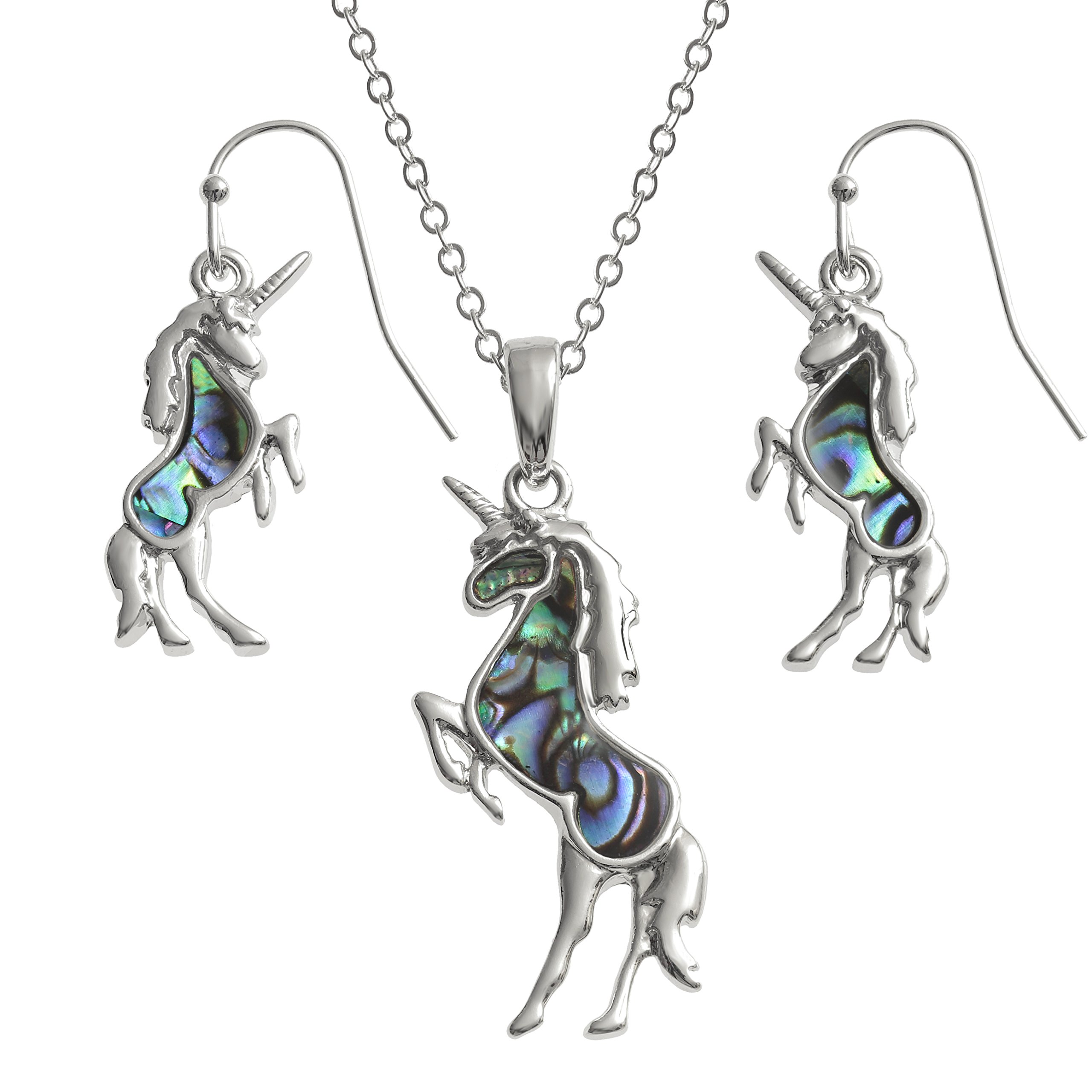 SALE: Kiara Jewellery Unicorn Boxed Set of Pendant Inlaid With Natural greenish blue Paua Abalone Shell on 18" Trace Chain Together With Matching Hypoallergenic Rhodium plated Earrings.