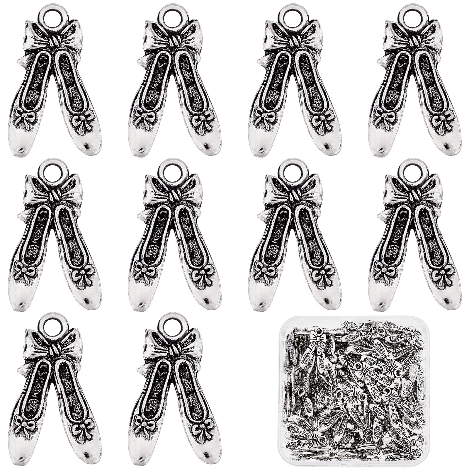 SUNNYCLUE 1 Box 100Pcs Tibetan Style Alloy Pendants Ballet Dance with Bowknot Slippers Shoes Charm Pendants Bulk Silver for Bracelets Keychain Necklace DIY Craft Jewellry Making Supplies Accessory