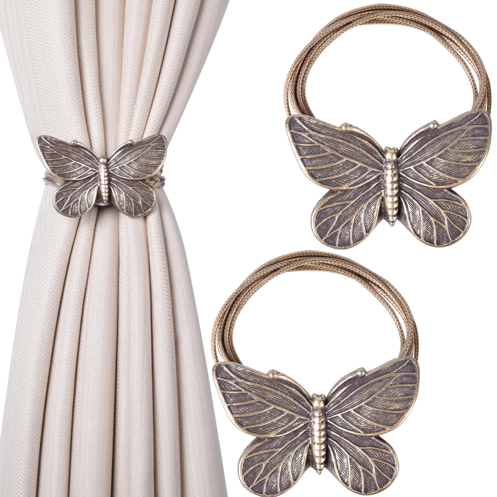 Dalababa Magnetic Curtain Tiebacks, 1 Pair Resin Drapery Holdbacks, Retro Curtain Tie Backs Rope Holder Straps Buckles for Cafe Balcony Home Decor (Bronze Butterfly)