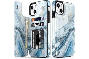 LETO iPhone 13 Case,Flip Folio Leather Wallet Case Cover with Fashion Flower Designs for Girls Women,Built-in Card Slots Kickstand Protective Phone Case for iPhone 13 6.1" Opal Blue Marble