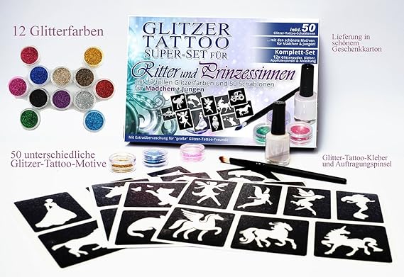 Lichtfieber Glitzer-Tattoo Set für Mädchen & Jungen - 50 Schablonen / Motiven & 12 Farben