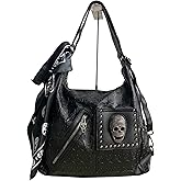 Downupdown Women Handbags Purse Shoulder Bags Skull Print Leather Hobo Bag Black Gothic Bag Ladies Satchel with Handkerchief